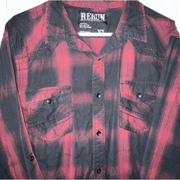 Rerun Mens Button Up‎ Shirt Size XL Black Red Plaid Tab Long Sleeve Western - Picture 3 of 5